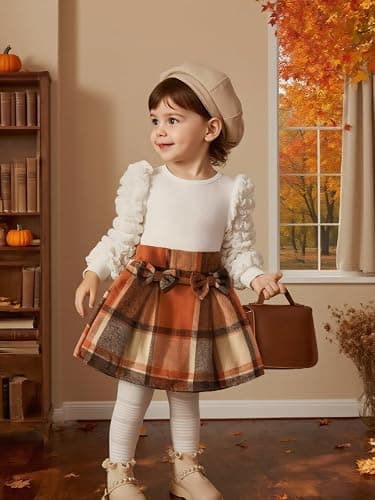 Toddler Baby Girl Plaid Dress Puff Sleeve Bow Patchwork Ribbed Shirts Dress Plaid Fall Winter Outfits with Headband thumbnail 3