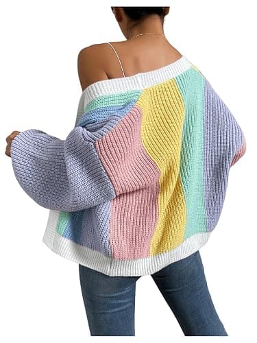 SHENHE Women's Color Block Open Front Long Sleeve Ribbed Knit Cropped Cardigan Sweaters thumbnail 2