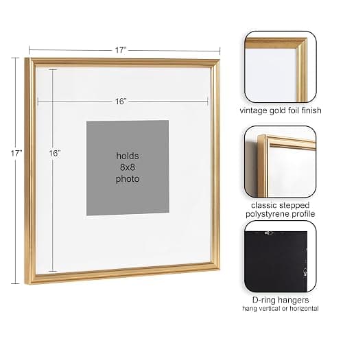 Kate and Laurel Adlynn Square Picture Frame Set of 3; 16 x 16 matted to 8 x 8; Gold; Modern Three-Piece Frame Set for Gallery Wall Frame Set in Living Room Wall Decor thumbnail 3