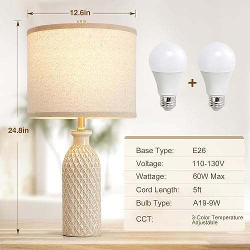 Ceramic Table Lamps Set of 2, Farmhouse 24.8" Bedside Lamps with 3-Color Temperature, Modern Nightstand Lamp Desk Reading Lamp with Fabric Drum Shade for Bedroom, Living Room, Office, 2 Bulbs Included thumbnail 2