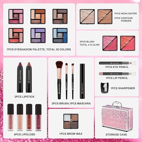 Color Nymph Starter Makeup Kit for Tweens Girls, Train Case for Women Full Kit with Eye Shadow, Lipstick, Blush, Brushes, Lipgloss, Mascara, Brow Wax and Mirror Pink Full Starter Cosmetics Set thumbnail 9