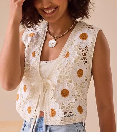 Yojeasrio Women Y2K Crochet Knit Vest Cute Tie Front Tank Top Sleeveless V Neck Crop Hollow Out Sweater Vest Going Out Tops thumbnail 2