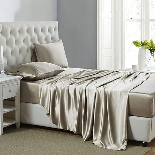 Lanest Housing Silk Satin Sheets, Queen Size Satin Bed Sheet Set with Deep Pockets, Cooling Soft and Hypoallergenic Satin Sheets Queen - Taupe - Image 1