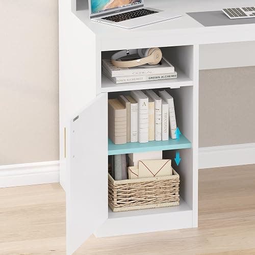 YOMILUVE Computer Desk with 3 Drawer & Storage Shelves, Home Office Desk with File Drawer & Cabinet, Writing Study Table with Long Monitor Stand & Printer Shelf, Executive Desk, White thumbnail 6