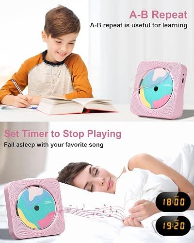 CD Player Portable with Bluetooth 5.1Desktop CD Player with HiFi Sound Speakers,Remote Control,Dust Cover,LED Display,Boombox FM Radio,USB/AUX for Home (Pink) thumbnail 7
