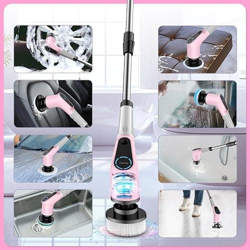 Electric Spin Scrubber, Cordless Cleaning Brush, Shower Scrubber with 8 Replaceable Brush Head, Power Cleaning Brush with Extension Handle, 2 Adjustable Speed, for Bathtub Tile Floor (Pink) thumbnail 6