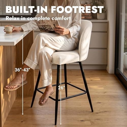 VATROS Counter Height Bar Stools Set of 2, 360° Swivel Upholstered Barstools with Backs and Metal Legs, 26" H Seat Height, Linen Fabric in Beige thumbnail 4