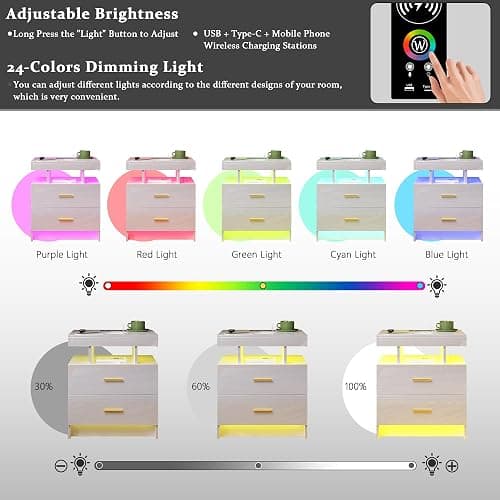 HNEBC Auto LED Nightstand with Wireless Charging Station & USB Ports,High Gloss Bedside Tables with 2 Drawers,Floating Nightstand with 3 Color & Adjustable Brightness for Bedroom,White thumbnail 5