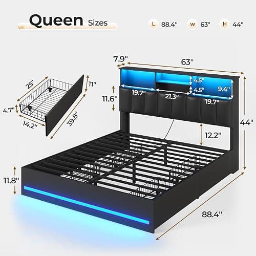 VIAGDO Queen Bed Frame with Bookcase Headboard, Wooden Bed Frame Queen Size with Charging Station, 4 Storage Drawers and LED Lights, with Type-C and USB, No Box Spring Needed, Black thumbnail 2