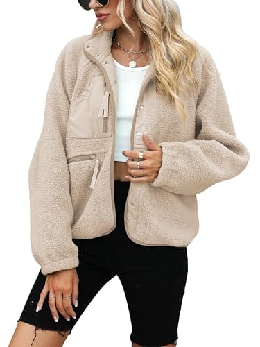 Yanekop Womens Fleece Jacket Fuzzy Long Sleeve Short Winter Coats Button Down Sherpa Jacket Outerwear with Pockets thumbnail 2