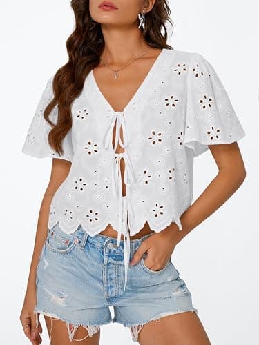 Trendy Queen Womens Summer Tops Cotton Tie Front Blouses | Bohemian Style, Crop Cute Teacher Outfits, Flowy Top, Beach Vacation Outfits 2026, Eyelet Embroidered Clothes for Campus Life thumbnail 2