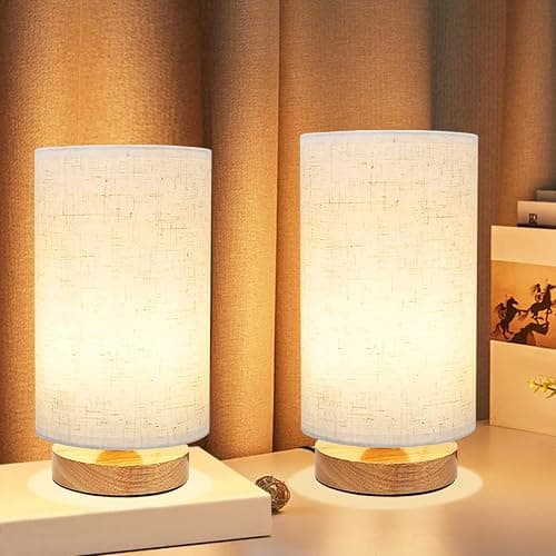 Small Bedside Table Lamp for Bedroom set of 2,Minimalist Wood Base & Round Fabric Shade,Mini Cute Cozy Warm Nightstand Boho Lamp set, Study Desk Night Stand Light for Room, Dorm,Nursery,Living Room - Image 1