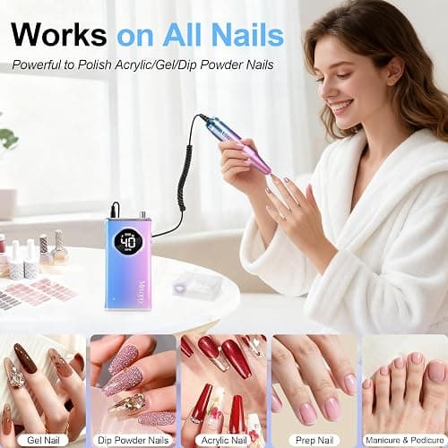 Electric Nail Drill File Professional 40000 RPM, Melodly Rechargeable Electric Nail File Machine Kit for Acrylic Gel Nails Polishing Removing, Portable Cordless Efile with Gold Bits Kit at Salon Home thumbnail 5