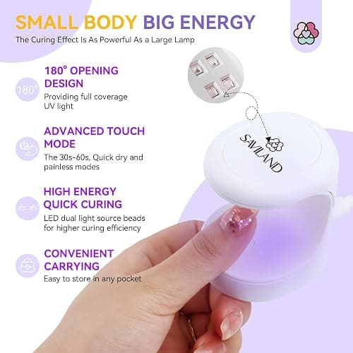 Saviland Mini UV Nail Lamp: Quick-Dry Flash Cure Lamp Gel Nail Lamp 16W Portable UV Light for Gel Nails lampara uv/led para uñas de Gel Nail Extension UV LED Lamp for Manicure Starters DIY Nail Art thumbnail 7