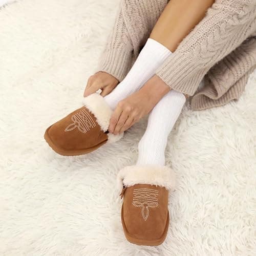 OOW Fuzzy House Slippers for Women with Memory Foam Comfy Bedroom Fluffy Western Cowgirl Boot Slippers Indoor Outdoor Square Toe thumbnail 6