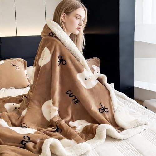 YYTCOZYY Cute Bear Print Blanket – Reversible Soft Fleece Sherpa Throw Blanket for Women, Cozy Warm Plush Blanket for Couch Bed Office, Camel Brown (80"x90") thumbnail 6