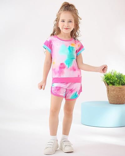 SANMIO Toddler Girl Clothes 2025 Summer Toddler Girls Color Block Short Sleeve Shorts Sweatsuit Outfits - Tie-dye Hot Pink - 2-3T thumbnail 3