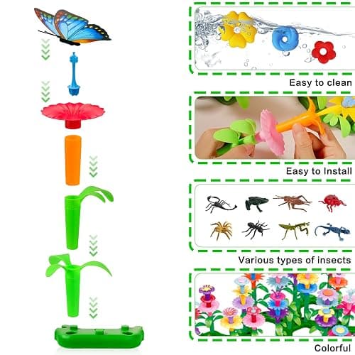 Birthday Toys Gifts for 2 3 4 5 6 Years Old Toddler Girls Boys, 156 PCS Insect Flower Garden Building Educational STEM Learning Pretend Play Gardening Set, Birthday Gifts for Preschool Kids Age 2+ thumbnail 5
