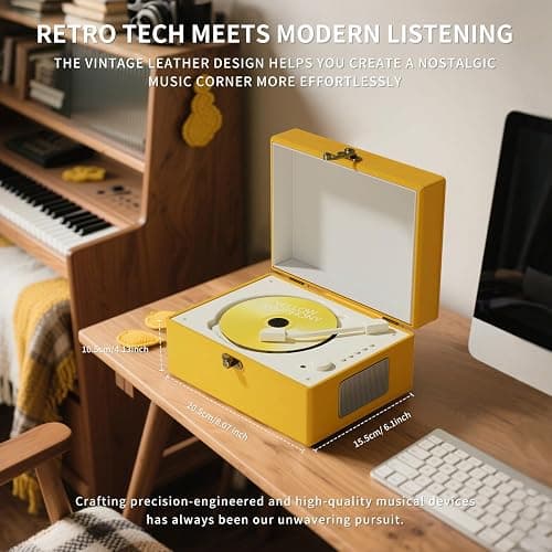 Yintiny Rechargeable Leather CD Player with Speakers; Bluetooth Transmitter; Festival Gift; BGM Player for Home Décor (Yellow) thumbnail 4