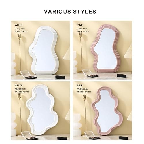 Mokoze Asymmetrical Wall-Mounted Mirror, Creative Unique Decorative Mirrors, Funky Wavy Mirror 16.14"x9.84" Irregular Border Pink Mirror for Bathroom Living Room Decoration thumbnail 6