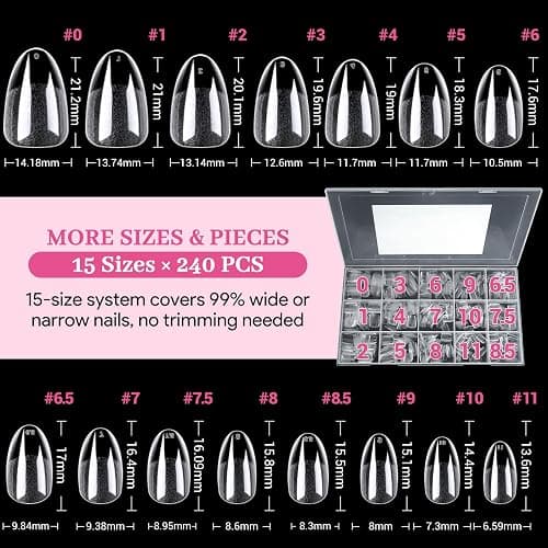 Qiek Short Almond Nail Tips - 15 Sizes 240 PCS Half Matte Full Cover Clear Fake Nails Pre-shaped Press On False Nail Tips Acrylic Soft Nail Gel Tips No C Curve Extension Manicure Home DIY Gelly Tips thumbnail 7