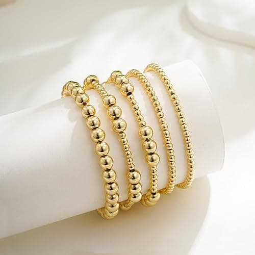 Eaciy Gold Bracelets for Women, 14K Gold Plated Beaded Bracelets Gold Strand Bead Ball Bracelet Stack Set Adjustable Bracelet Set Waterproof Jewelry for Women Gifts Non Tarnish thumbnail 6