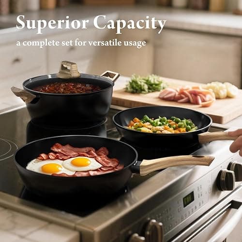Bazova 23 Pcs Pots and Pans Set, Non Stick Ceramic Cookware Set with 3 Frying Pans, Healthy Non-Toxic, Large Capacity,Induction Compatible, PFAS/PTFE/PFOA Free, Black thumbnail 7