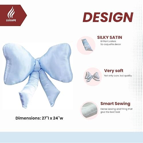Luxape Bow Pillow - Big Coquette Throw Pillow - Bow Shaped Pillow - Silky Satin - Coquette Decor - Bow Room - Baby Blue Pillow - Nursery Decorations - Cute Room (Baby Blue) thumbnail 6