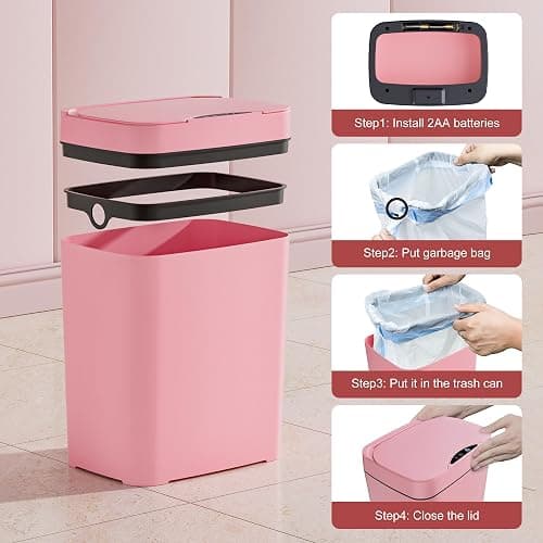 Vanpopubs 2 Pack 2.7 Gal Bathroom Trash Can with Lid, Automatic Trash Can Small Smart Garbage Can Touchless, Slim Motion Sensor Waterproof Plastic Trash Bins for Bedroom Office Kitchen Toilet Pink thumbnail 8