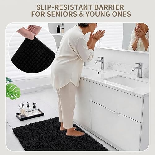Ruggnovea Bathroom Rugs Non Slip Washable 32x20, Extra Thick Soft Chenille Absorbent Bath Mat, High Density Barrier Non Slip Backing, Quick Dry Plush Shaggy Floor Carpet for Tub&Shower, Black thumbnail 6