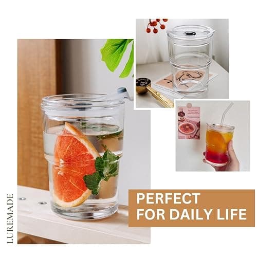Olvini 13oz Glass Tumbler with Straw and Lid, Reusable Iced Coffee Cup Tumbler, Cute Glass Cups for Water, Matcha, Travel Coffee Mugs (Clear) thumbnail 7