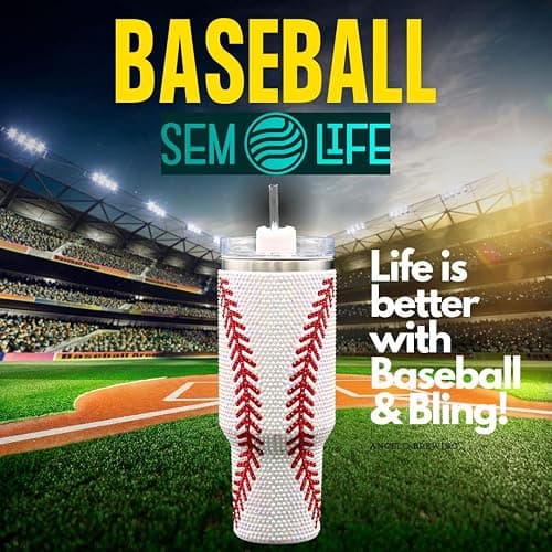 SEM LIFE 40 Oz Rhinestone Bling Tumbler Cup with Handle and Straw (BASEBALL), Stainless Steel and Double Wall Insulated thumbnail 3