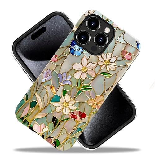 TnXee Case Compatible with iPhone 13 Pro Max,Fall Prevention Bright Hybrid 2-Layer Hard Shell Phone Case for Girls Boys,Stained Glass Bloom Flower thumbnail 2