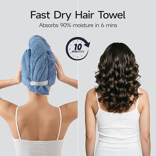 REDKISS Microfiber Hair Towel Wrap for Women, Double Sided Hair Towels with Elastic Strap, Super Absorbent Quick Dry Hair Drying Towel for Long, Thick, Curly Hair, Anti-Frizz Turban (Blue & Gray) thumbnail 4