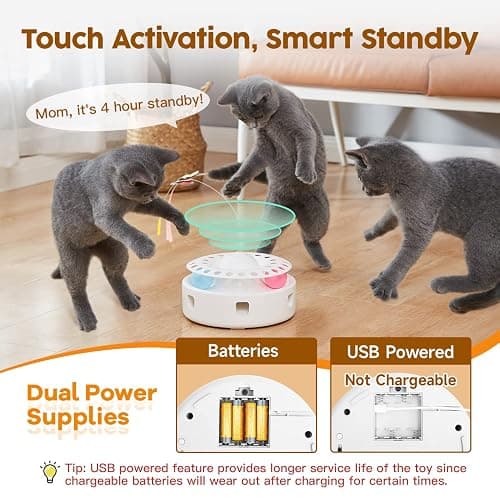 Potaroma Cat Toys 3in1 Automatic Interactive Kitten Toy, Fluttering Butterfly, Moving Feather, Track Balls, Dual Power Supplies, USB Powered, Indoor Exercise Kicker (Bright White) thumbnail 6