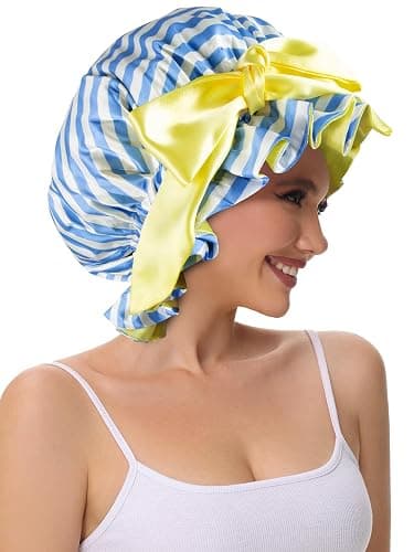 Vettres Silk Bonnet, Satin Hair Shower Cap for Sleeping Women 2025 Tie Band Adjustable Straps Head Wrap for Curly Hair Blue Stripe F thumbnail 6