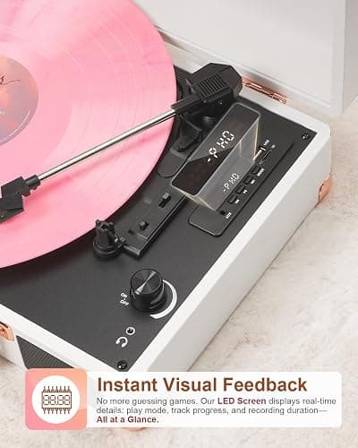 Vinyl Record Player Bluetooth Vintage 3-Speed Portable Suitcase Turntables with Built-in Speakers, Belt-Driven LP Player Support USB Recording AUX-in RCA Line Out Headphone Jack, White thumbnail 2
