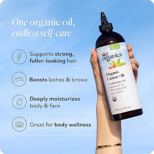 Sky Organics Castor Oil - USDA Certified Organic Hair Oil for Hair Growth, Skin, Face, Eyelashes - Cold Pressed & Hexane Free - Pure Organic Castor Oil Pack Wrap - Carrier & Hair Treatment Oil -16oz thumbnail 2