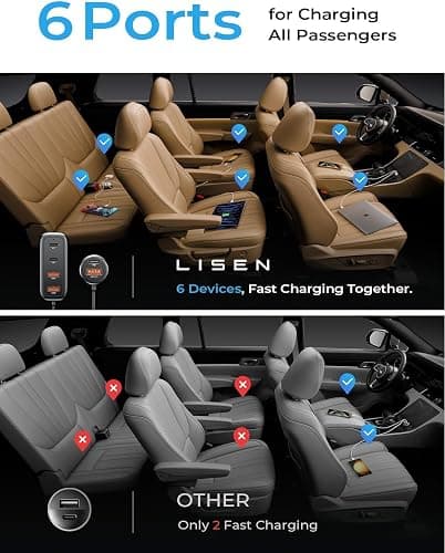 AINOPE PD&QC 108W Multiple Ports Car Charger, Cigarette Lighter USB Charger | Car Charger Adapter Fast Charging for iPhone 17 [+5FT Cable], for Ulefone Note 18 Ultra, 12V Road Trip Essentials for Kids thumbnail 4