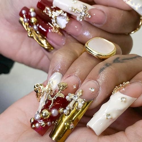128PCS Gold Nail Charms Set with Rhinestones and Gems, Rose, Hearts, Cross and Virgin Mary - Y2K 3D Shiny Jewelry Nail Decorations Accessories Supplies thumbnail 4