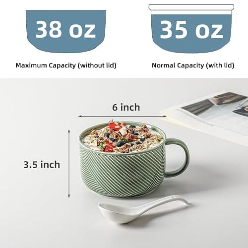 Adewnest Soup Bowls with Handles, Microwave Safe 38 Oz, Green | Extra Large Ceramic Soup Mug with Handle & Spoon - Oversized Ramen Bowl Set of 2, 6 Inch thumbnail 3