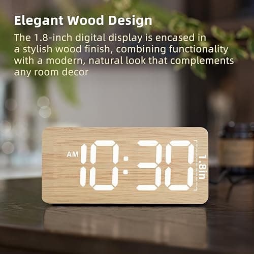 Wooden Digital Alarm Clocks for Bedrooms: Dimmable Dual Alarm Clock with Large Numbers for Bedside Desk - Bamboo thumbnail 2