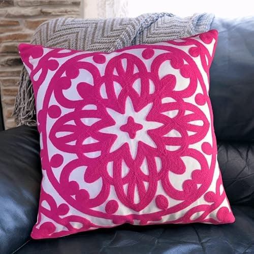 Alysheer Embroidered Decorative Throw Pillow Cover 18x18 inches, Classic Boho Mandala Knit Pattern, Farmhouse Cottage Cotton Canvas Cushion Case for Sofa Couch Bed Living Room Decor(Bright Hot Pink) thumbnail 2
