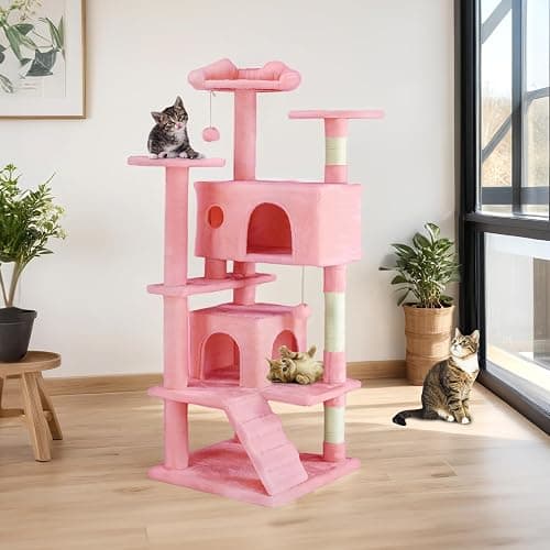 Sweetcrispy 54 Inch Cat Tree Tower, Multi-Level with Cat Scratching Post, Indoor Cat Condo with Climbing Ladder, Plush Toy, Play House for Cat, Pink thumbnail 2