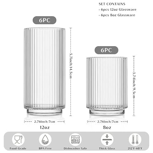 INSETLAN Ribbed Drinking Glasses Set of 12 – 6 Highball Glasses 12oz, 6 Rocks Cocktail Glasses 8oz – Everyday Glassware, Glass Cups for Iced Coffee, Cocktails, Whiskey, Water & Beer, Stackable thumbnail 3
