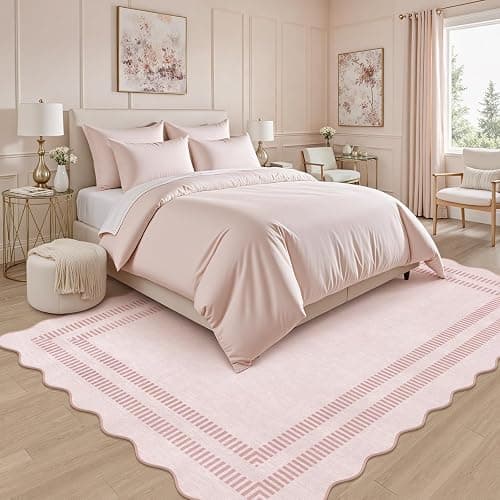 LORWER Pink Rugs for Bedroom Girls, 5x7 Washable Non Slip Area Rugs for Living Room, Soft Vintage Ultra-Thin Scalloped Carpet for Nursery Dorm Home Decor thumbnail 3