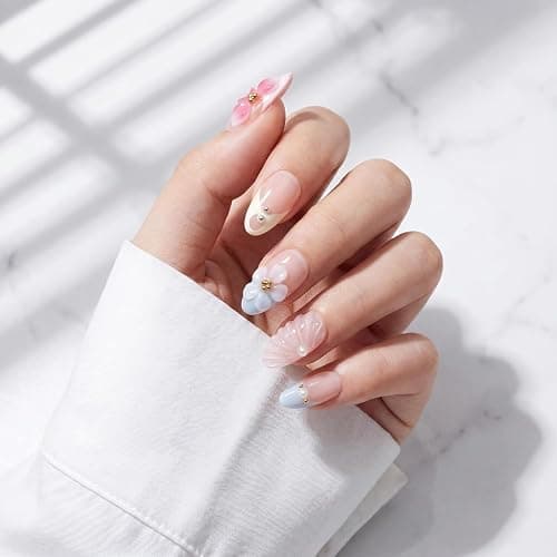 Handmade Short Almond French Press On Nails,Reusable&Salon Quality-EGA01,XS | 10Pcs Daily & Party Fake Nails | Easy Apply & Remove | Nude French Press Ons with Blue 3D Floral Carving Accents thumbnail 2