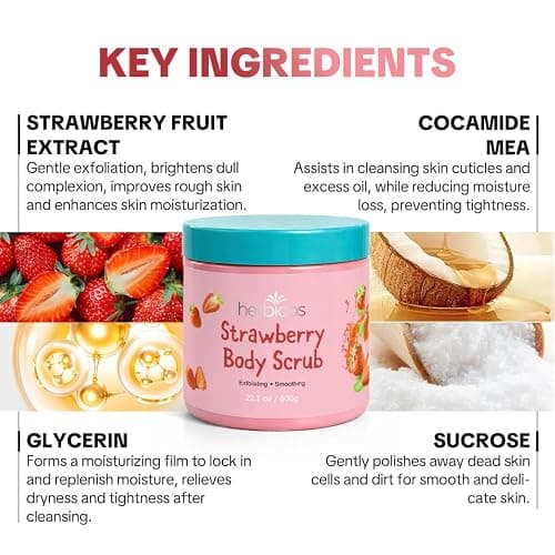 Herbicos Strawberry Body Scrub with Retinol & Vitamin C - Exfoliating & Moisturizing Sugar and Sea Salt Scrub for Smooth, Glowing Skin - Improves Dry Skin - 14.1 oz (600g) thumbnail 2
