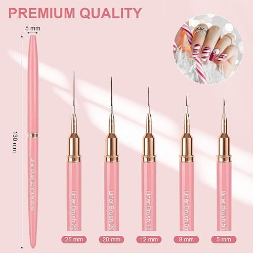 Artdone Metallic Nail Art Pens, Liner Brushes Set, 5PCS Pink Color Nail Tools For Long Lines, Thin Details, Fine Drawing, Liner Brush UV Gel Polish Painting Nail Design Sizes 5/8/12/20/25mm - Pink thumbnail 2