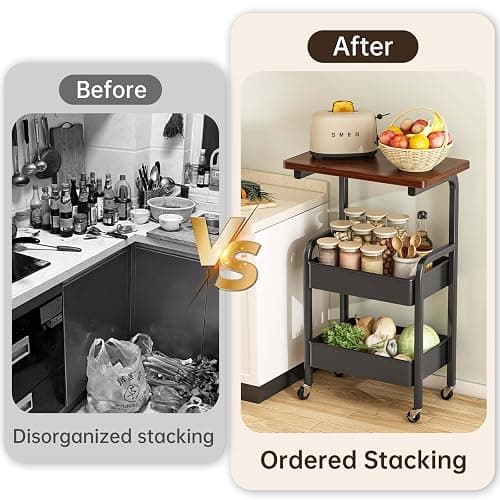 3 Tier Metal Rolling Utility Cart Organizer with Walnut Table Top, Stable and Sturdy Rolling Storage Carts with 2 Lockable Wheels for Kitchen，Bathroom，Snacks，Coffee，Craft，Makeup，Baby Essentials thumbnail 4